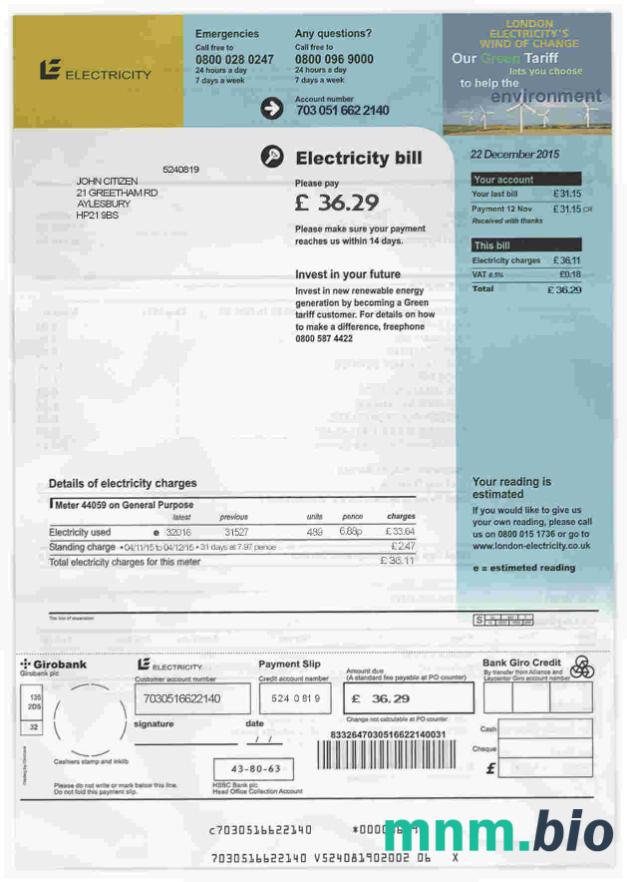 Szablon rachunku za energię elektryczną w Wielkiej Brytanii w formacie PSD